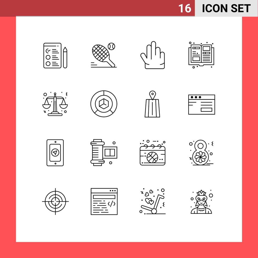 User Interface Pack of 16 Basic Outlines of delivery scales hand law magazine Editable Vector Design Elements