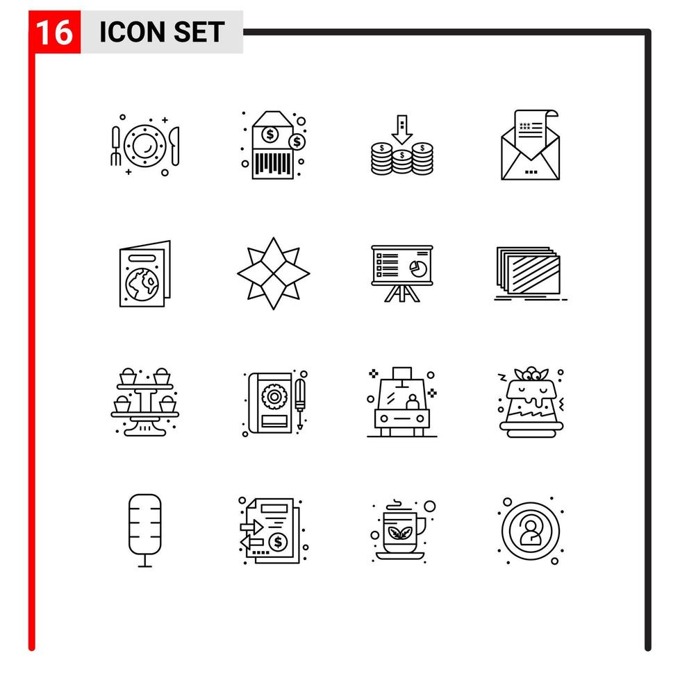 Outline Pack of 16 Universal Symbols of mail greeting coins envelope arrow Editable Vector Design Elements