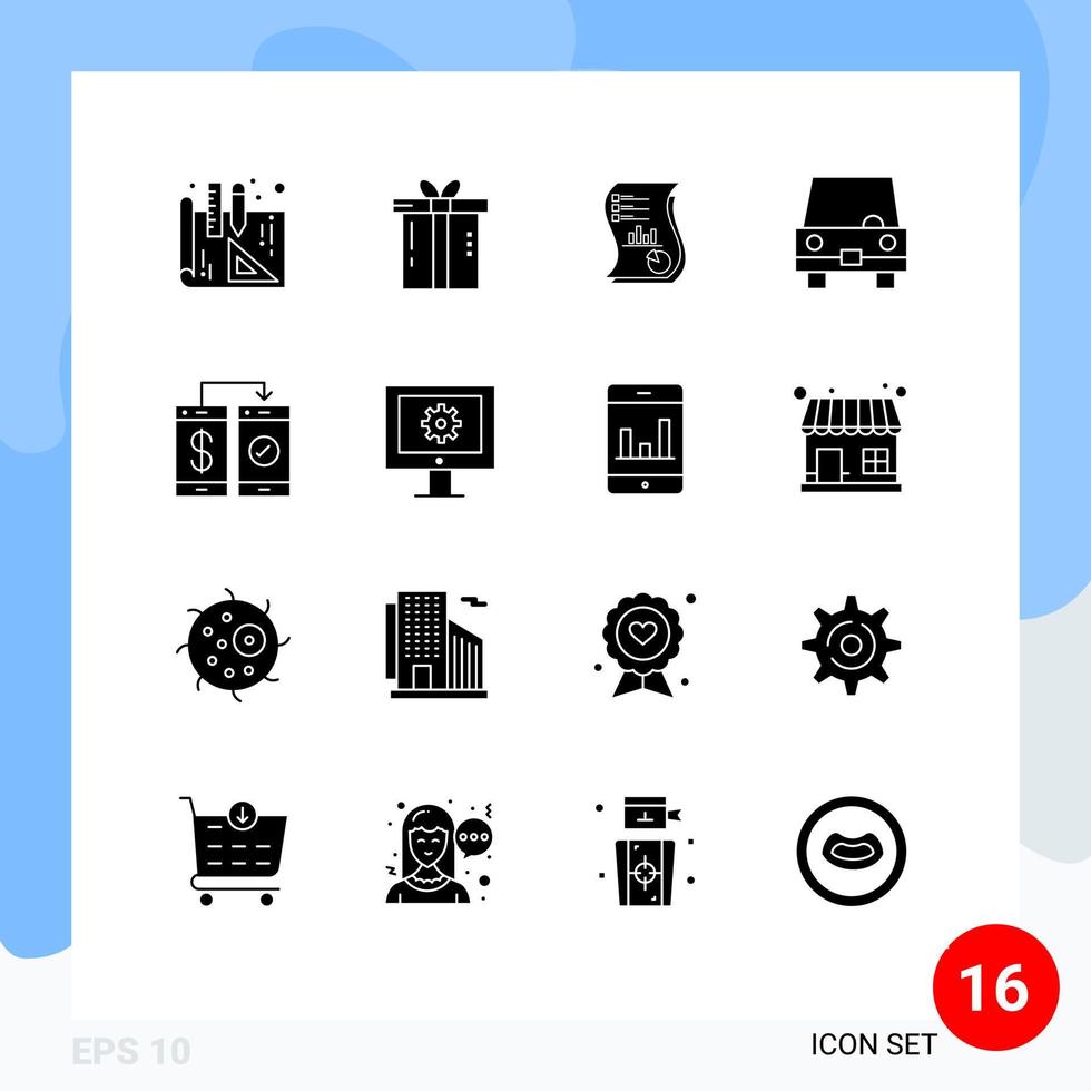 Group of 16 Solid Glyphs Signs and Symbols for transportation taxi analytics filled paper Editable Vector Design Elements