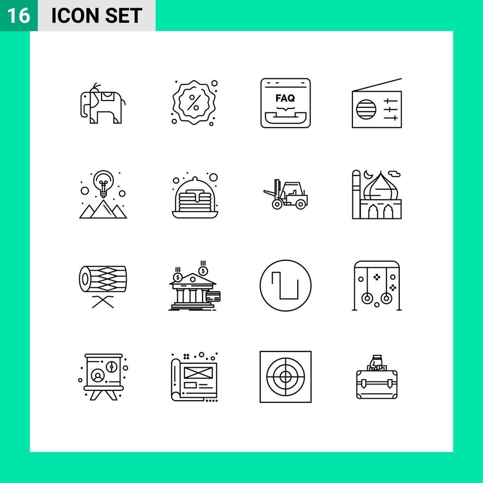 Pack of 16 Modern Outlines Signs and Symbols for Web Print Media such as strategy solution idea contact creative radio Editable Vector Design Elements