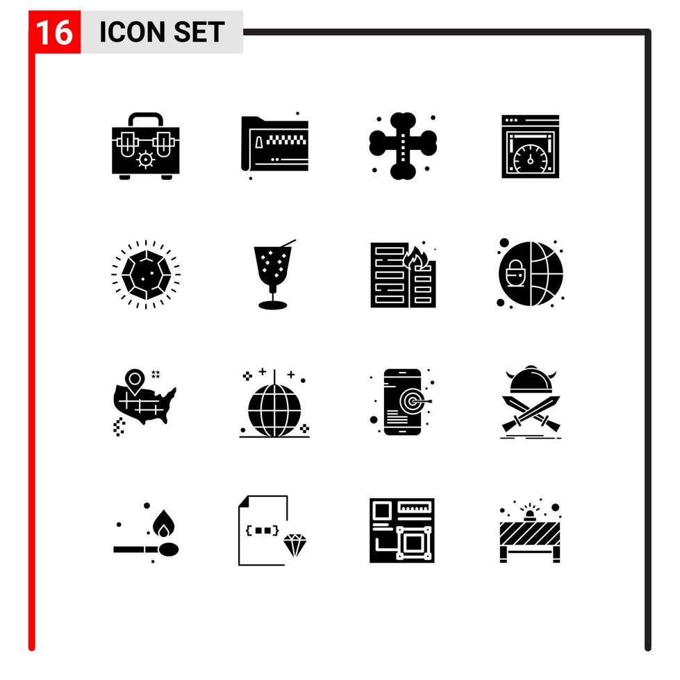 16 glifos sólidos universales establecidos para aplicaciones web y móviles gema control de velocidad web murciélagos tablero de velocidad web elementos de diseño vectorial editables vector