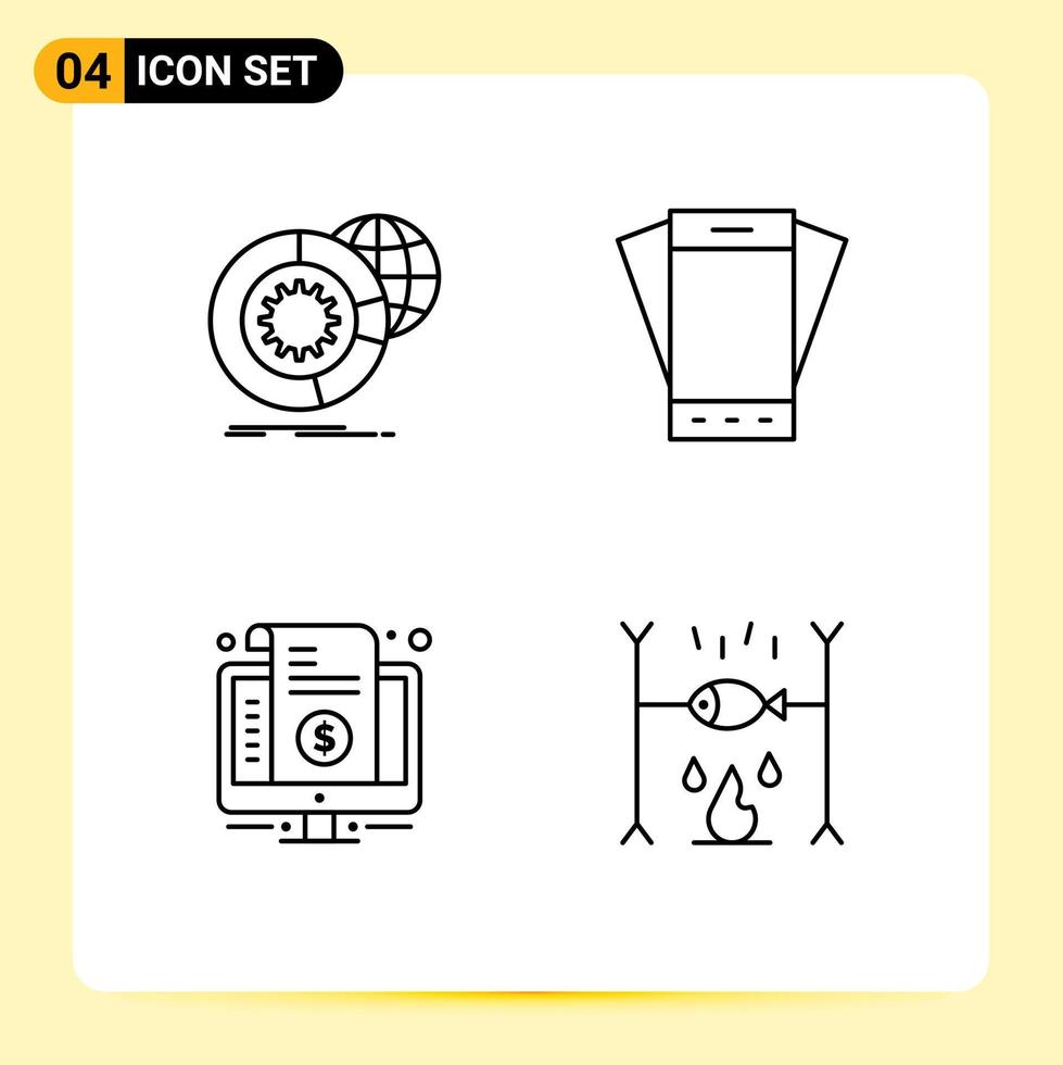 Set of 4 Vector Filledline Flat Colors on Grid for data tilt globe mobile internet Editable Vector Design Elements