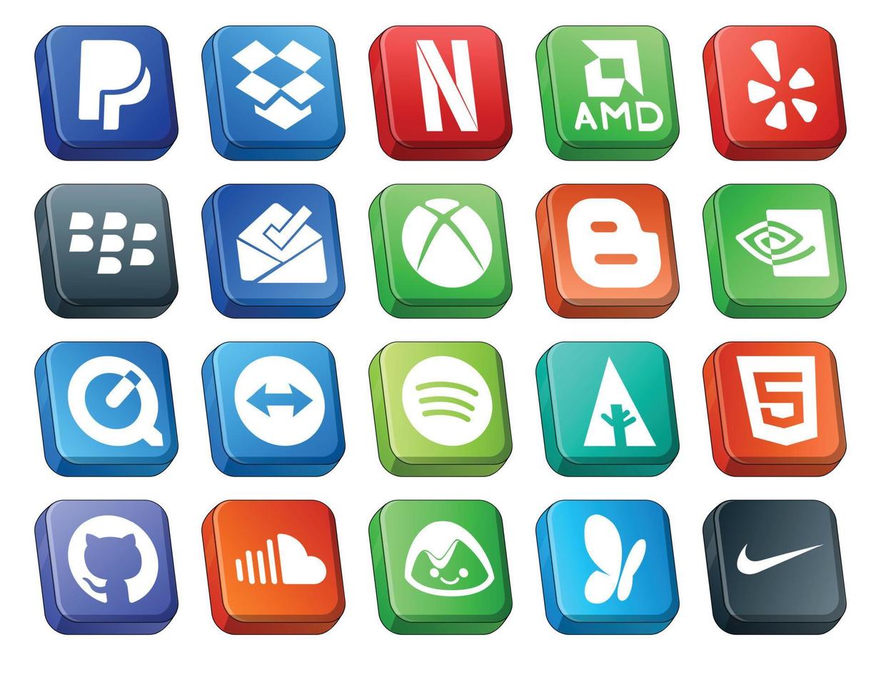 Paquete de 20 íconos de redes sociales que incluye sound github blogger html spotify vector