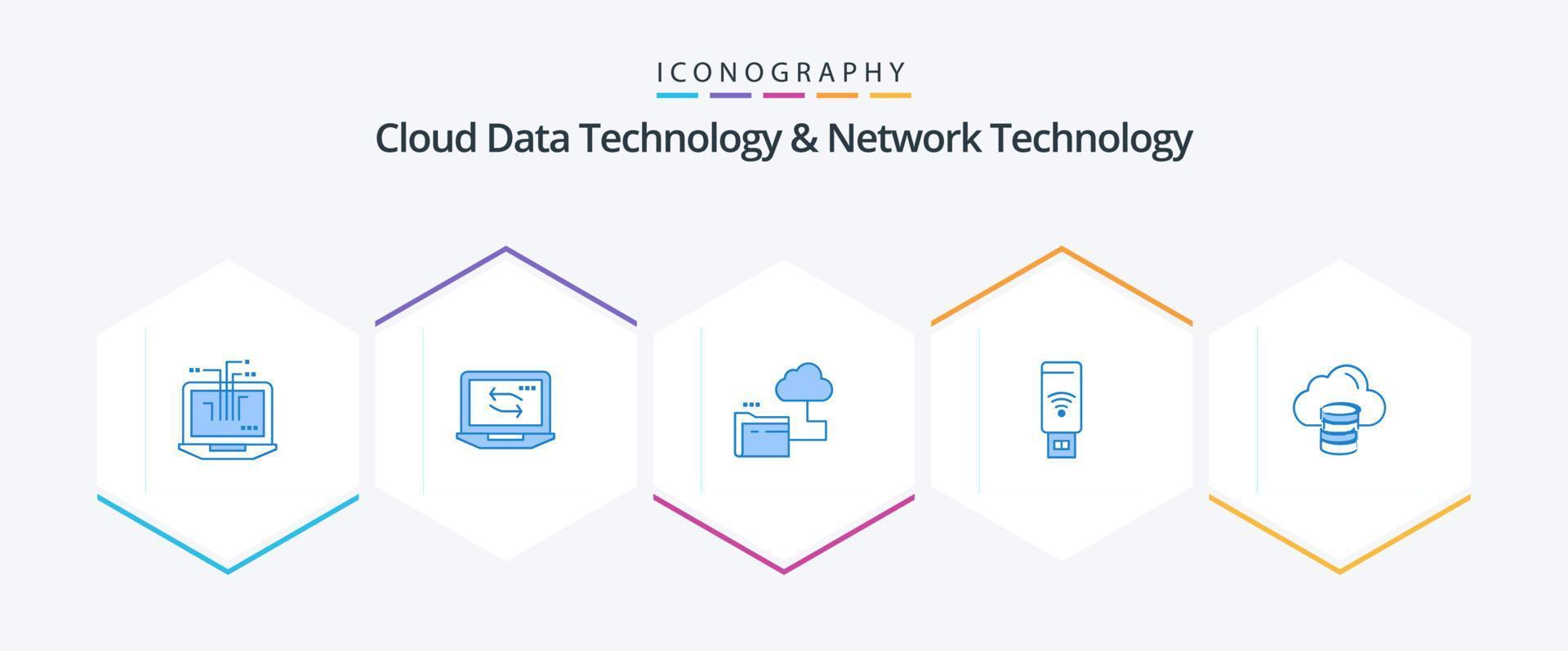 paquete de 25 íconos azules de tecnología de datos en la nube y tecnología de red que incluye . dólar. USB . dinero . nube vector