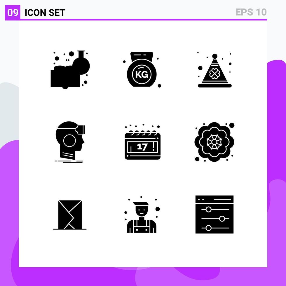 9 Universal Solid Glyphs Set for Web and Mobile Applications day virtual day reality googles Editable Vector Design Elements