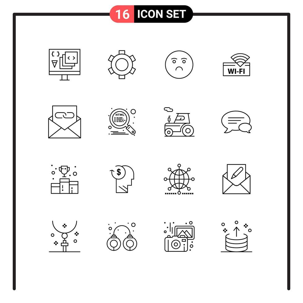 Group of 16 Outlines Signs and Symbols for communication service ui wifi sad Editable Vector Design Elements