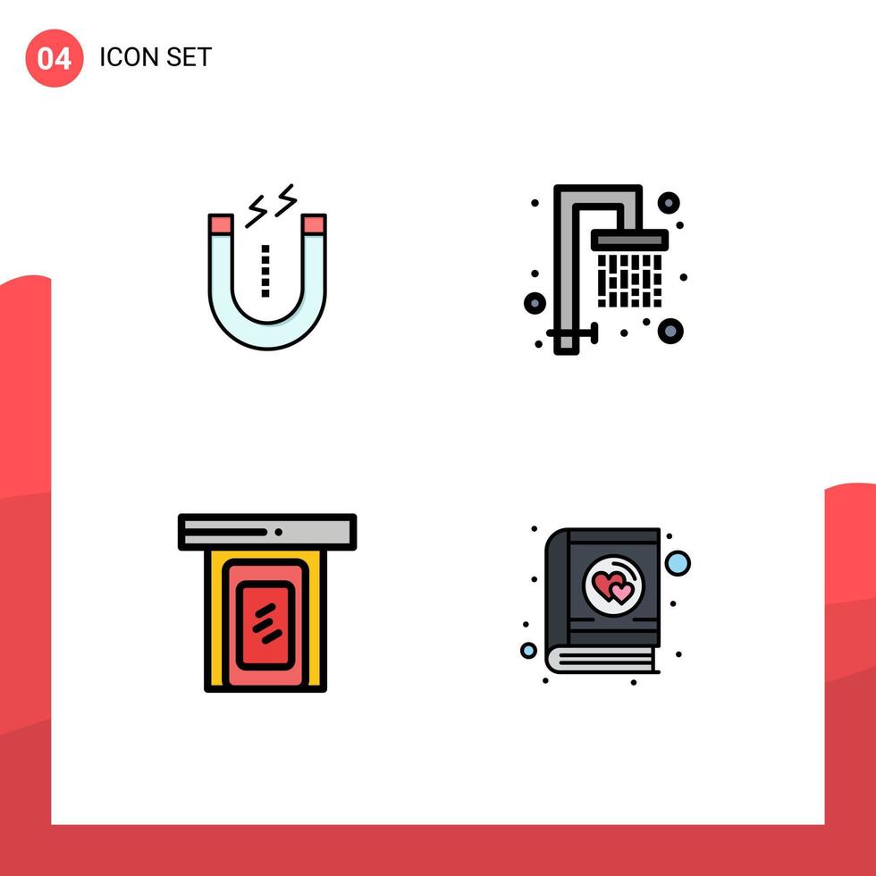 paquete de 4 signos y símbolos de colores planos de línea de relleno modernos para medios de impresión web, como la herramienta de puerta magnética, elementos de diseño de vectores editables de libros frescos
