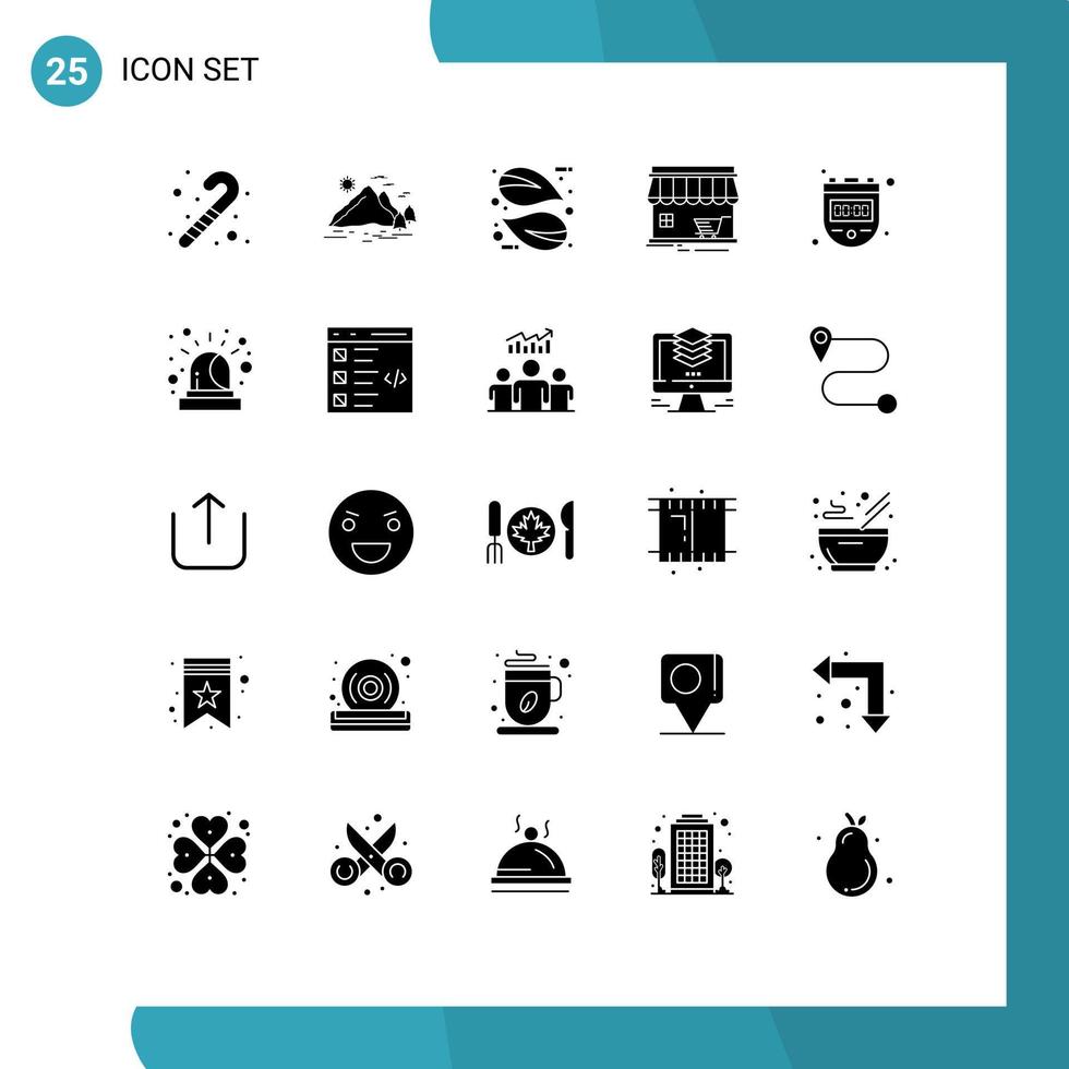 25 Thematic Vector Solid Glyphs and Editable Symbols of chronometer building eco market shop Editable Vector Design Elements
