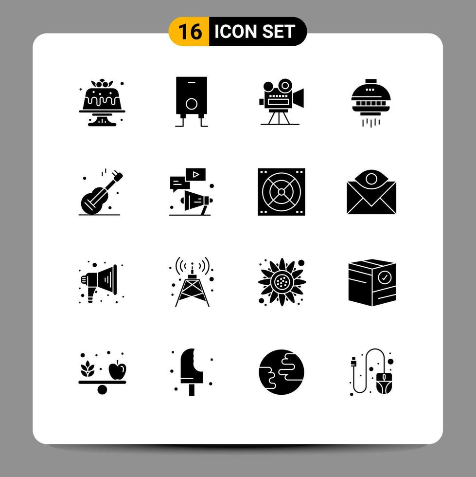 Group of 16 Modern Solid Glyphs Set for music ufo camera spacecraft space Editable Vector Design Elements