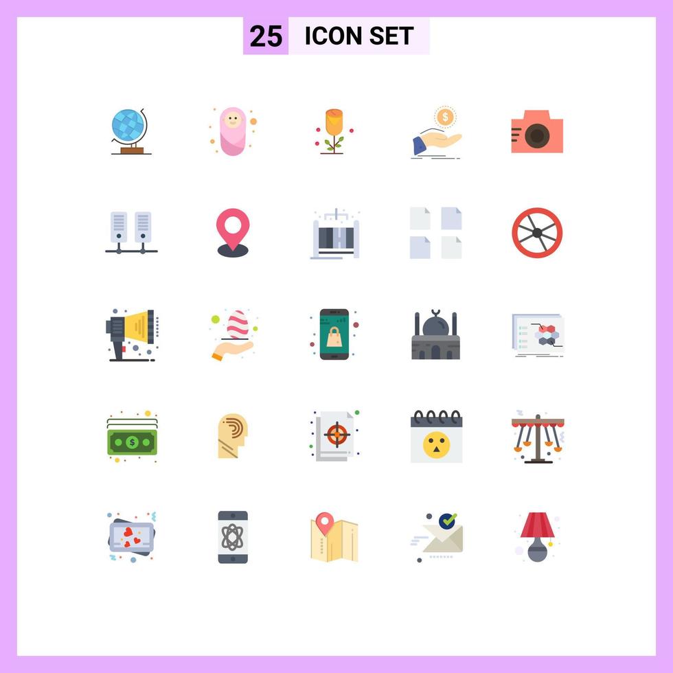 Flat Color Pack of 25 Universal Symbols of camera finance flower debt help Editable Vector Design Elements