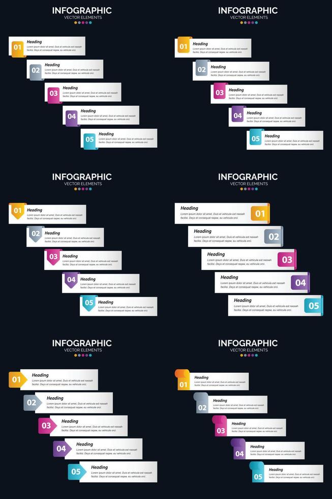 plantilla de diapositiva de presentación del paquete de infografías vectoriales 6 diagramas de ciclo de 5 pasos y líneas de tiempo vector