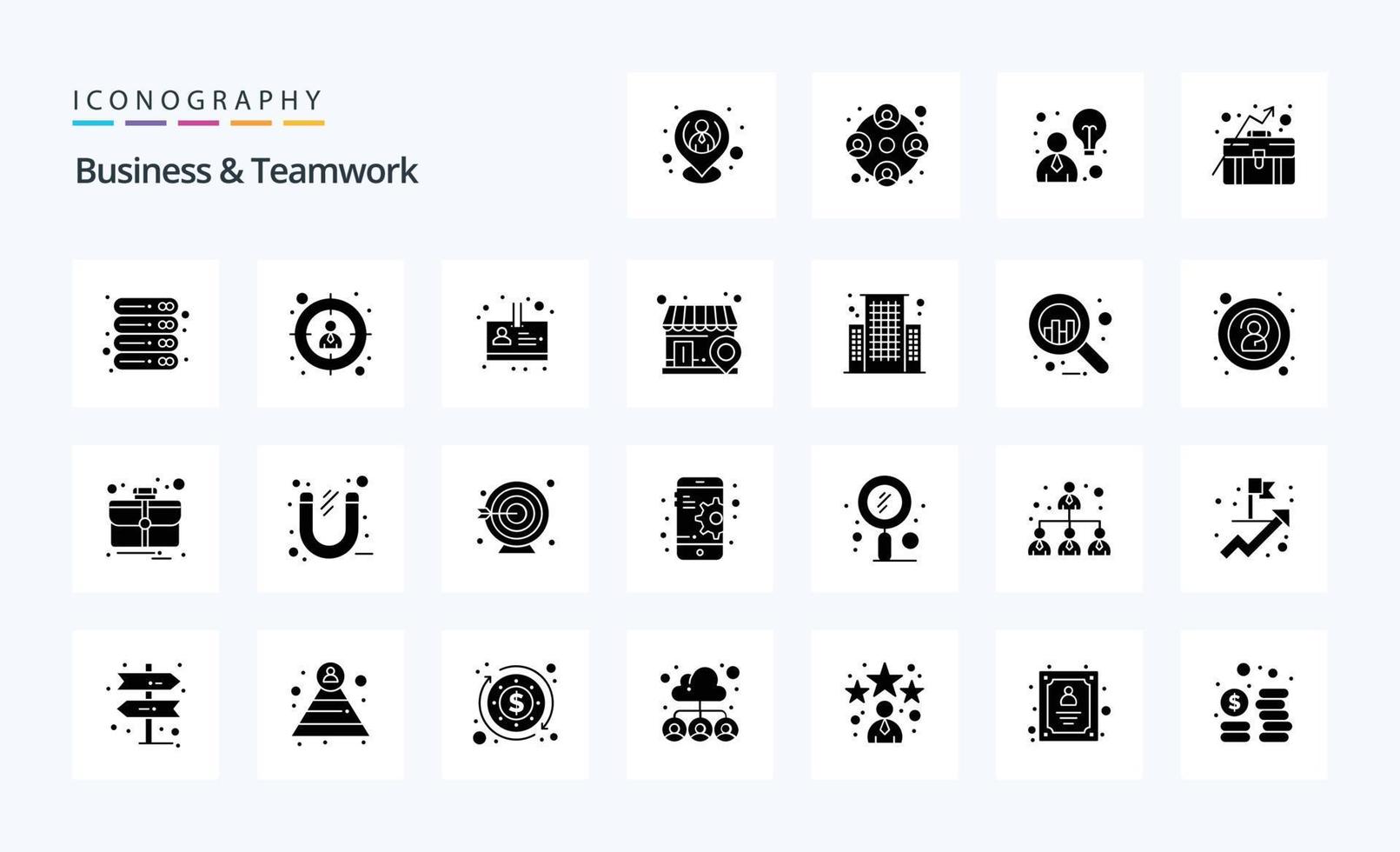 paquete de iconos de 25 glifos sólidos de negocios y trabajo en equipo vector