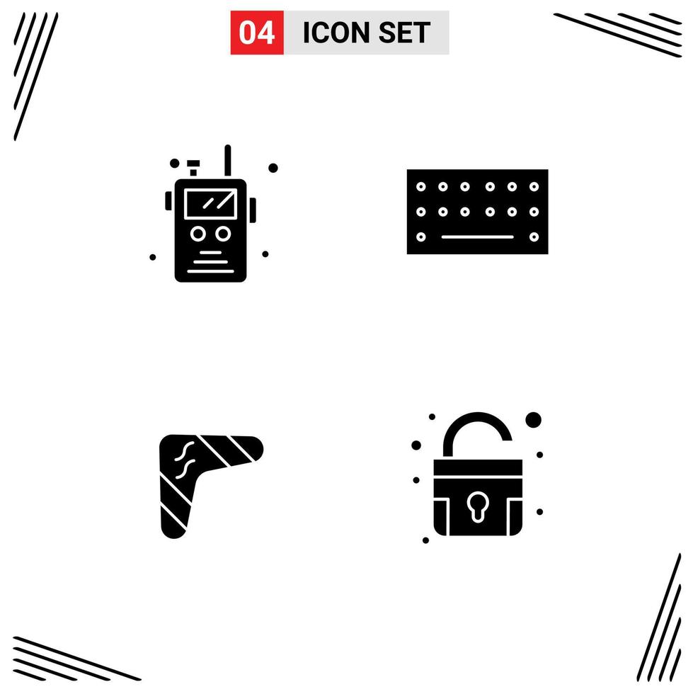 Pack of 4 Modern Solid Glyphs Signs and Symbols for Web Print Media such as police radio boomerang fire type travel Editable Vector Design Elements