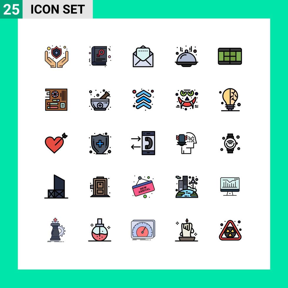 paquete de 25 modernos signos y símbolos de colores planos de línea rellena para medios de impresión web, como elementos de diseño de vectores editables de la corte de la placa de correo de la computadora principal