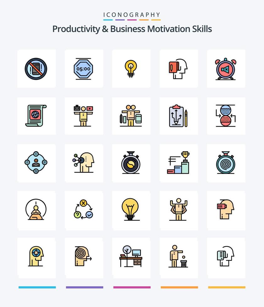 productividad creativa y habilidades de motivación empresarial Paquete de iconos rellenos de 25 líneas, como una lista. comenzar. trabaja. inspirador idea vector