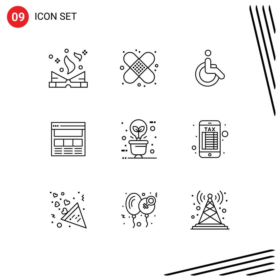 Set of 9 Vector Outlines on Grid for green web weelchair interface website Editable Vector Design Elements