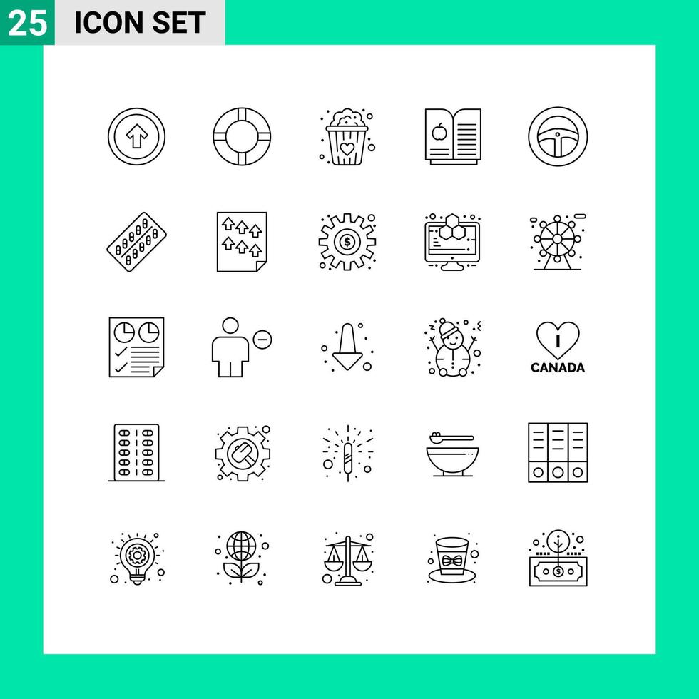 Mobile Interface Line Set of 25 Pictograms of pill wheel food steering science Editable Vector Design Elements