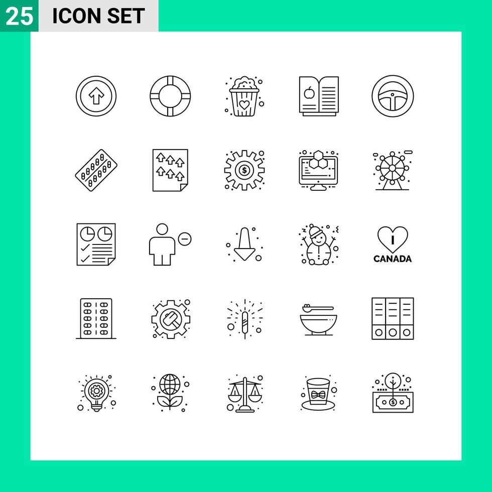conjunto de líneas de interfaz móvil de 25 pictogramas de elementos de diseño de vectores editables de ciencia de dirección de alimentos de ruedas de pastillas