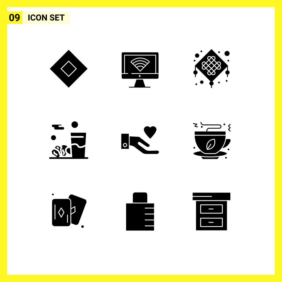 Set of 9 Modern UI Icons Symbols Signs for heart kareem chinese iftar drink Editable Vector Design Elements