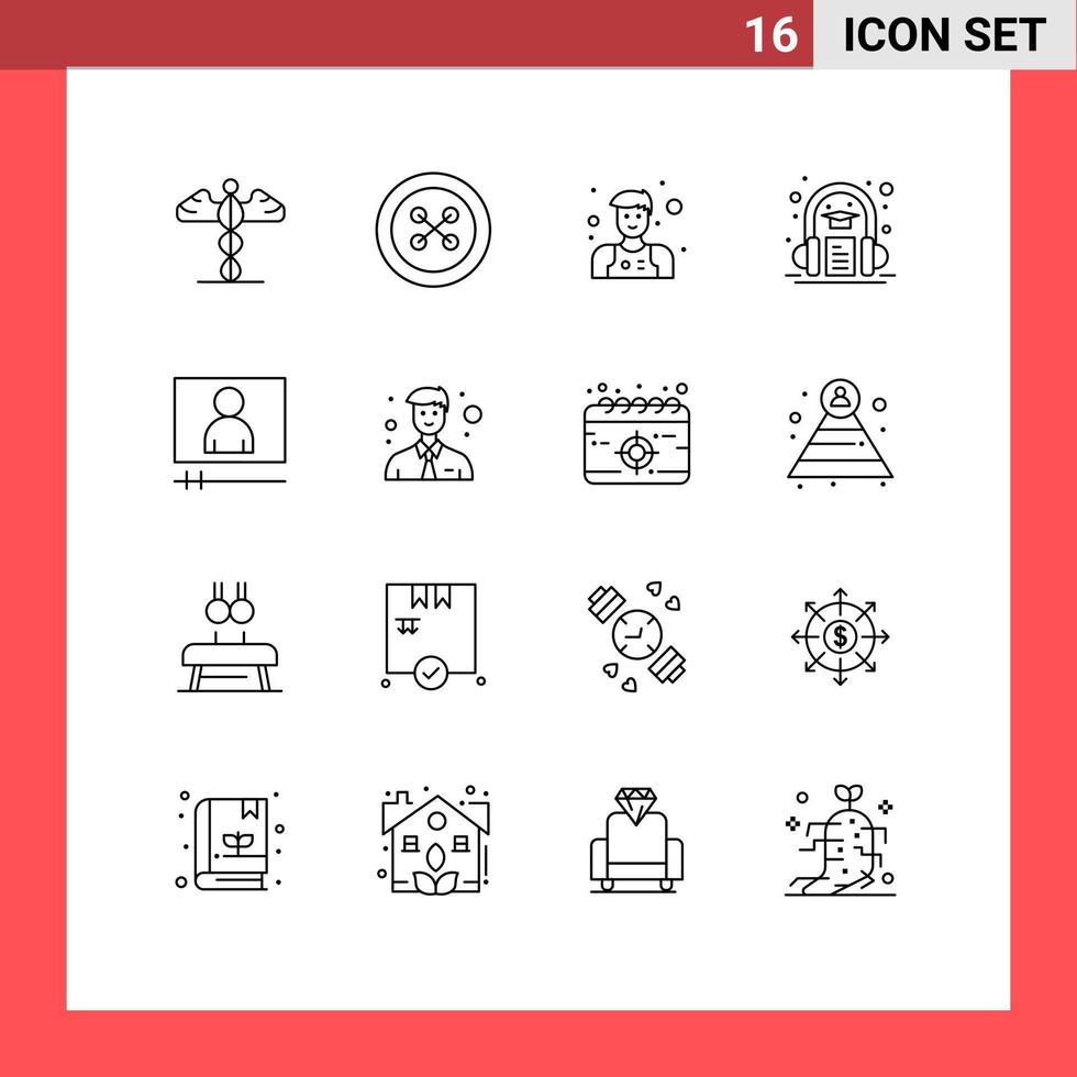 Universal Icon Symbols Group of 16 Modern Outlines of video player video assistant learning book Editable Vector Design Elements