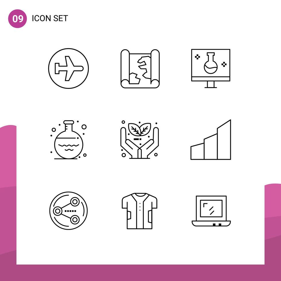 Pictogram Set of 9 Simple Outlines of volumetric glass point flask echography Editable Vector Design Elements