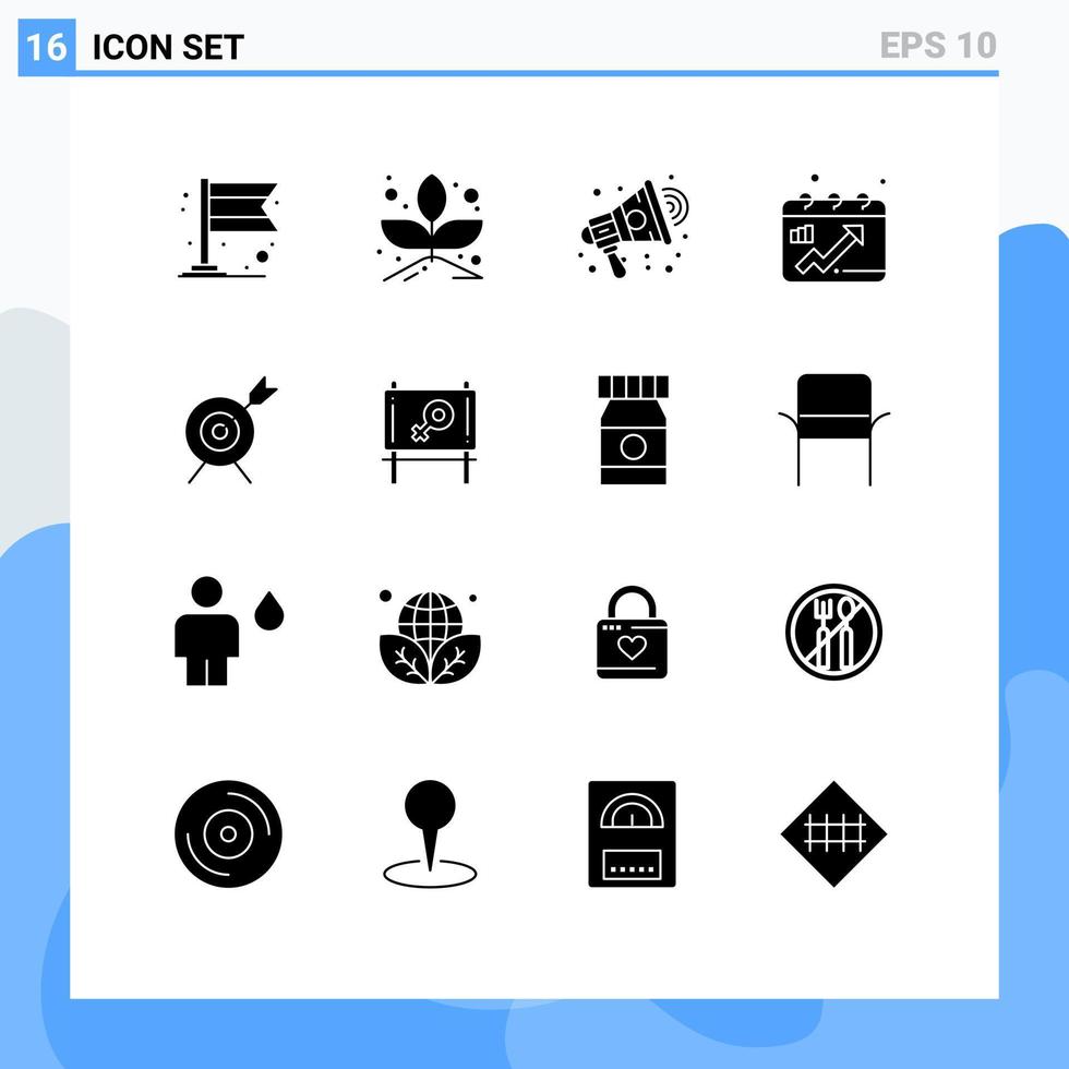paquete de 16 signos y símbolos de glifos sólidos modernos para medios de impresión web, como elementos de diseño de vectores editables de objetivos de marketing de tablero