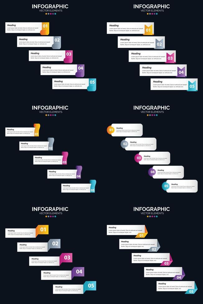 plantilla de diapositiva de presentación del paquete de infografías vectoriales 6 diagramas de ciclo de 5 pasos y líneas de tiempo vector