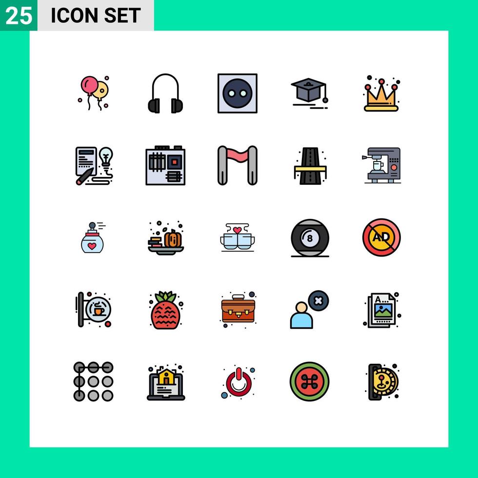 25 Filled line Flat Color concept for Websites Mobile and Apps book empire electricity crown education Editable Vector Design Elements