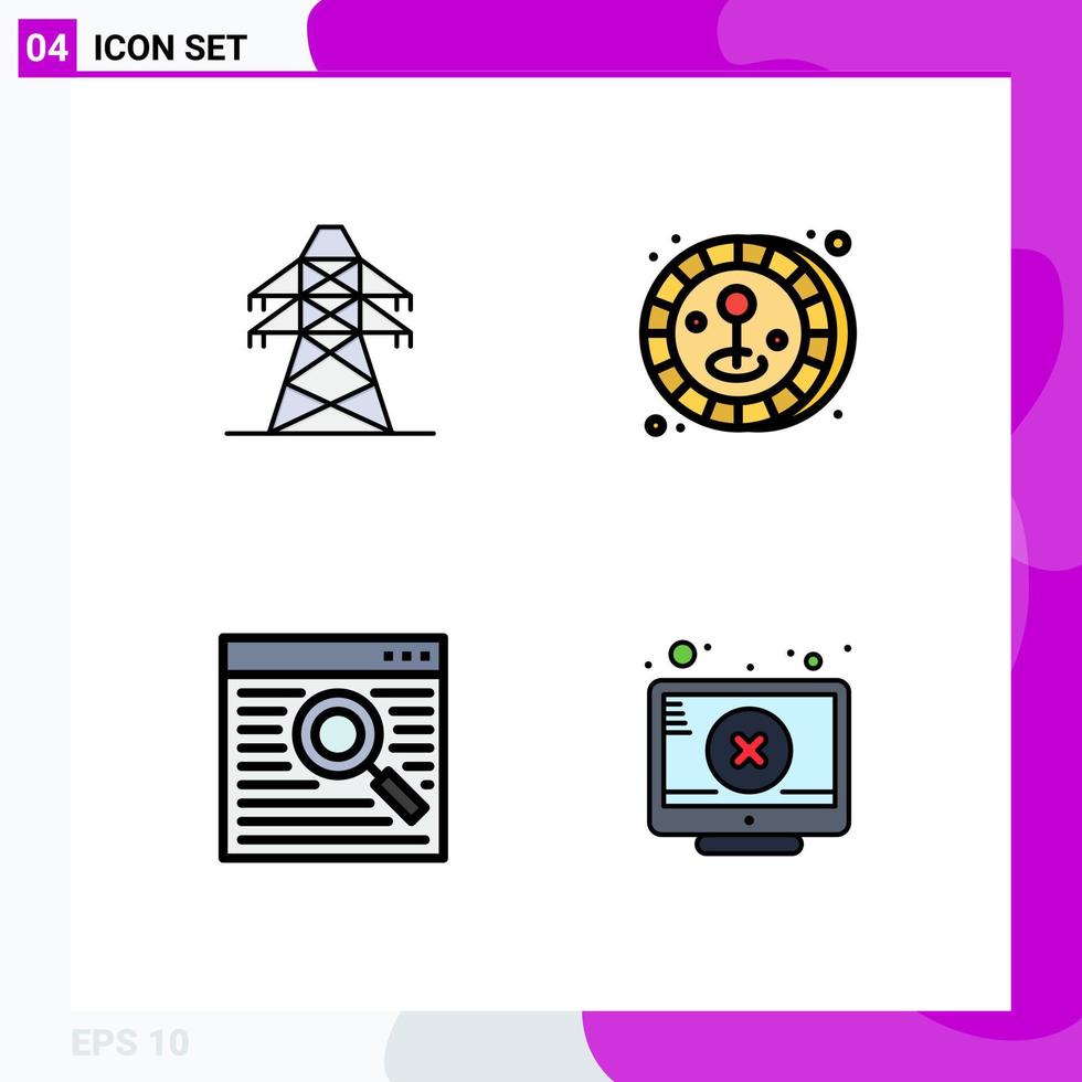 4 Universal Filledline Flat Color Signs Symbols of electrical webpage transmission tower game screen Editable Vector Design Elements