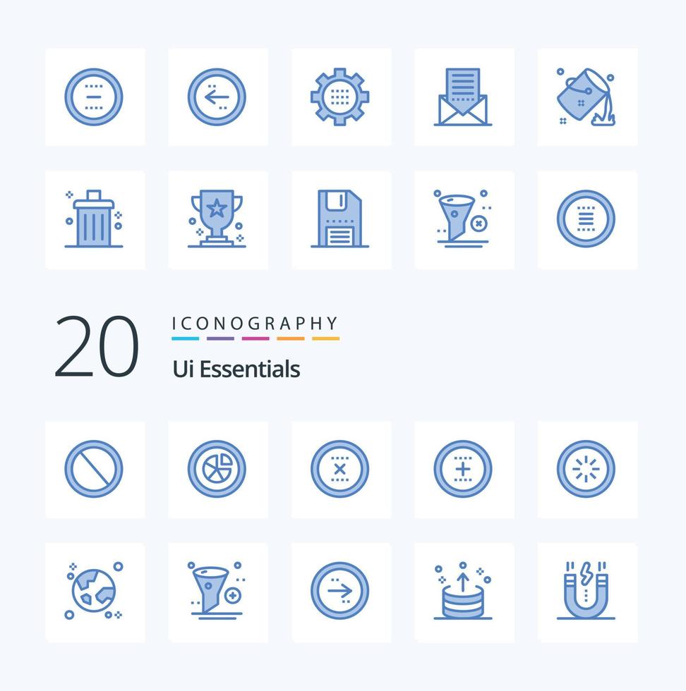 20 Ui Essentials Blue Color icon Pack like interface add pie interface close vector