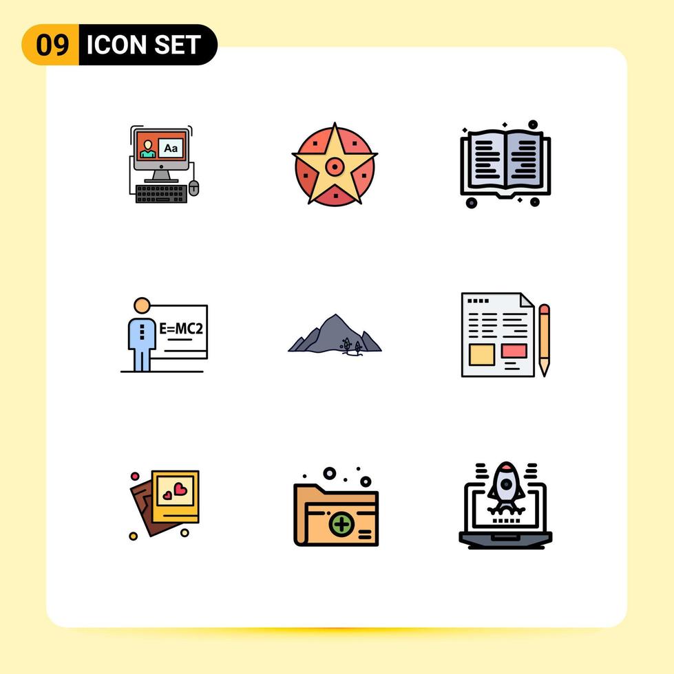 paquete de 9 modernos signos y símbolos de colores planos de línea rellena para medios de impresión web, como elementos de diseño de vectores editables de la clase de sala de libros de la montaña de la colina