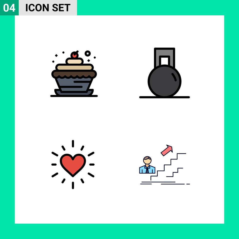 Mobile Interface Filledline Flat Color Set of 4 Pictograms of bakery love cupcake food sport promotion Editable Vector Design Elements