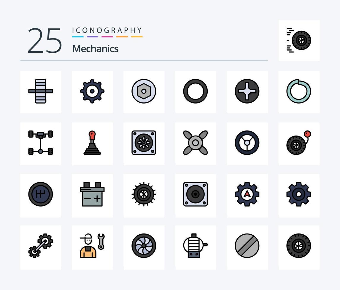 paquete de iconos llenos de 25 líneas de mecánica que incluye auto. primavera. empaquetadura. tornillo. alfiler vector