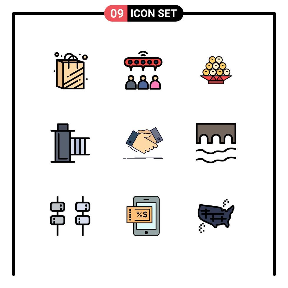 Mobile Interface Filledline Flat Color Set of 9 Pictograms of hand shake reel fruit multimedia film Editable Vector Design Elements