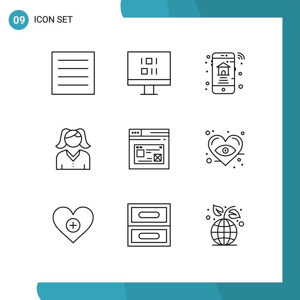 paquete de 9 signos y símbolos de contornos modernos para medios de impresión web, como la página del sitio web, elementos de diseño de vectores editables madre de internet inteligente