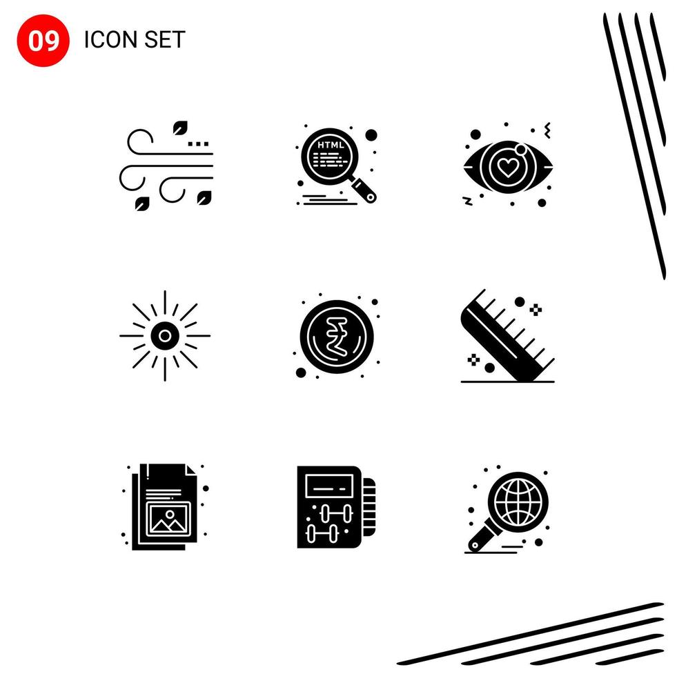 Editable Vector Line Pack of 9 Simple Solid Glyphs of money weather dating brightness light Editable Vector Design Elements