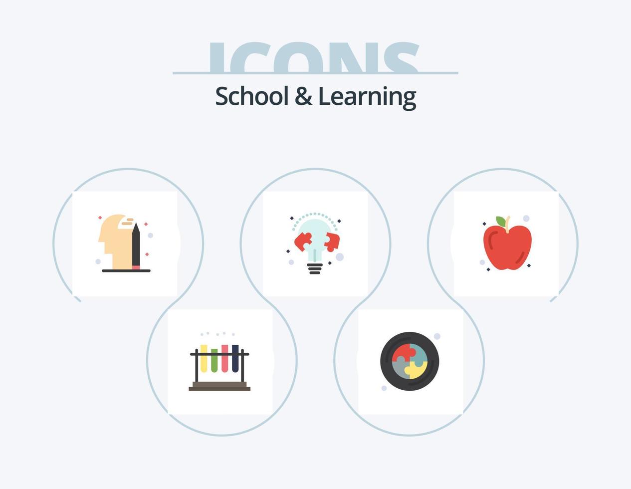 escuela y aprendizaje paquete de iconos planos 5 diseño de iconos. educación. manzana. mente. bulbo. línea vector