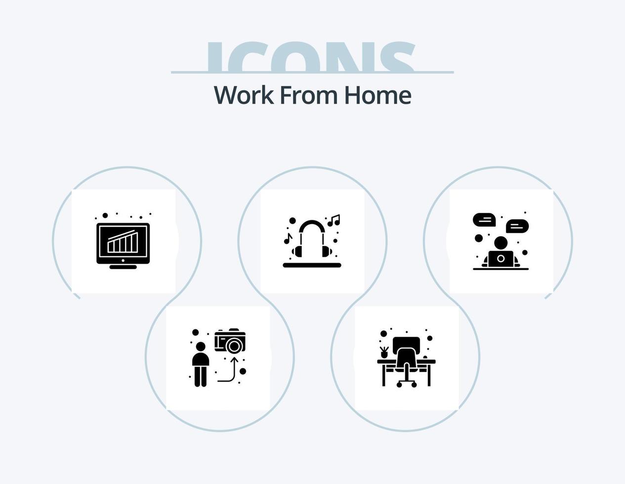 Work From Home Glyph Icon Pack 5 Icon Design. music. earphone. working area. relax. report vector