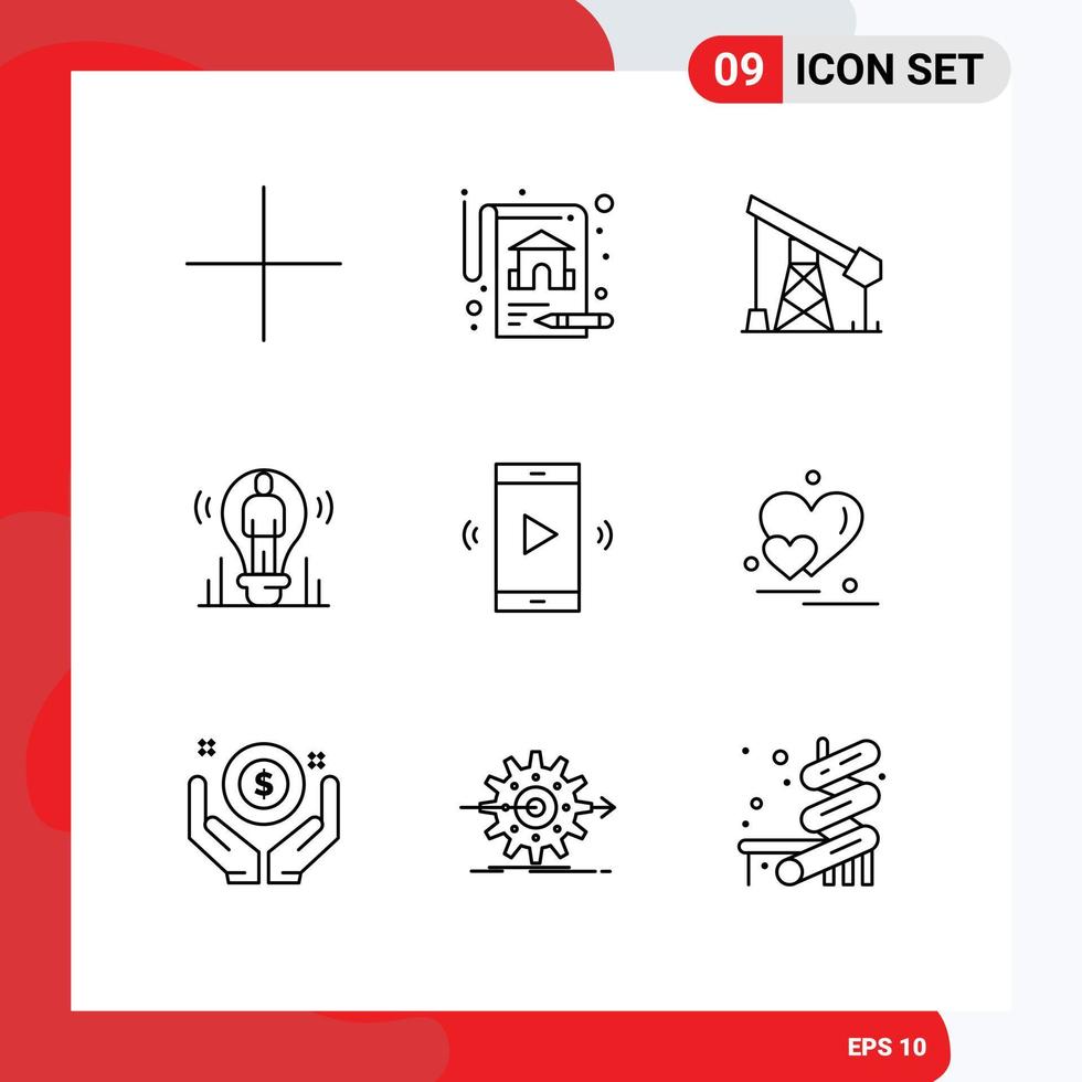 Mobile Interface Outline Set of 9 Pictograms of open volume amplifier oil light user Editable Vector Design Elements