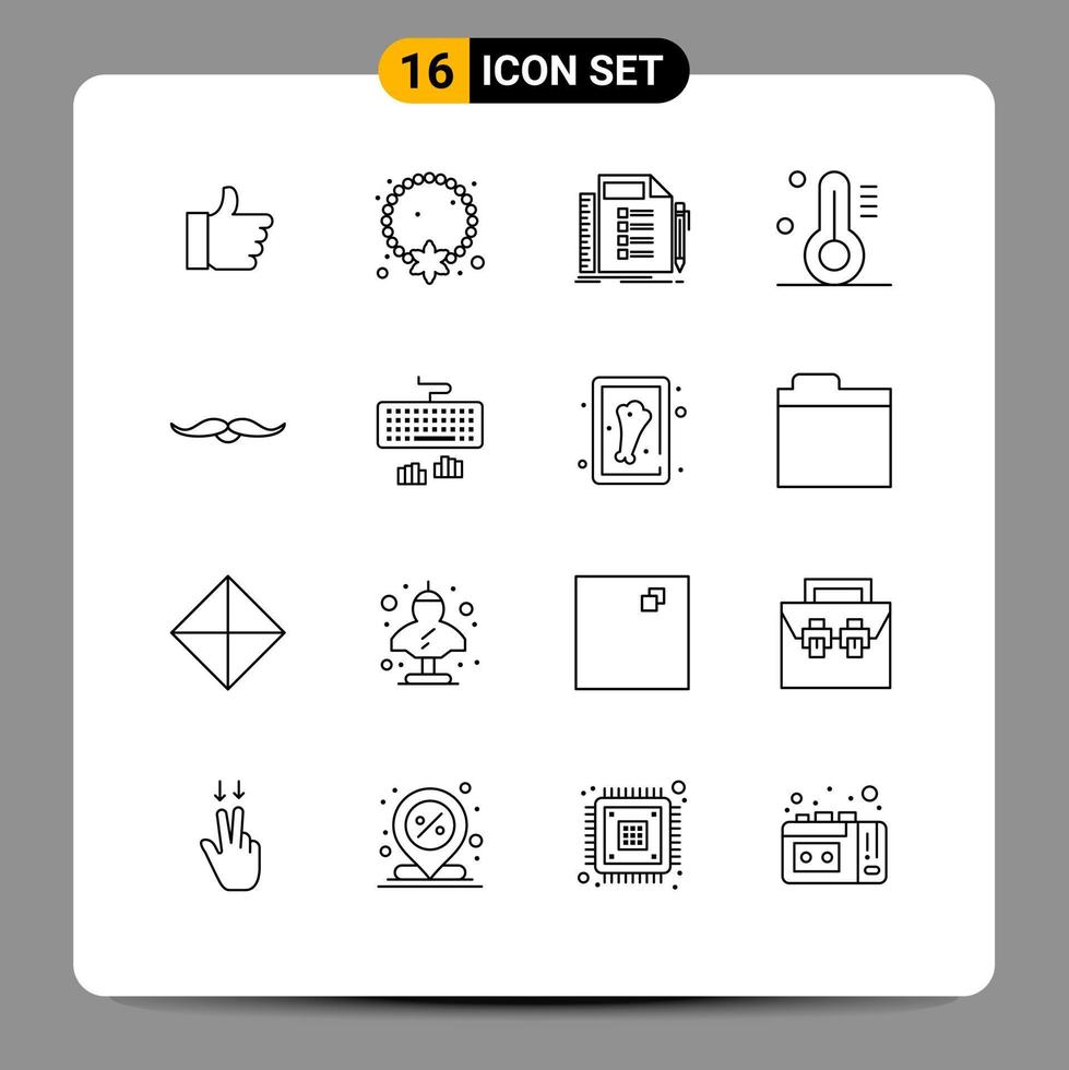 16 Universal Outline Signs Symbols of moustache thermometer pendant temperature planning Editable Vector Design Elements