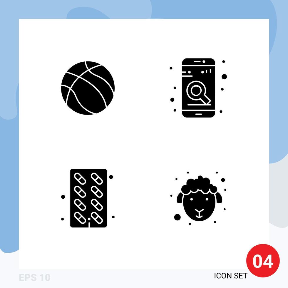 conjunto de glifos sólidos de interfaz móvil de 4 pictogramas de elementos de diseño vectorial editables de medicina deportiva de medicina de pelota vector