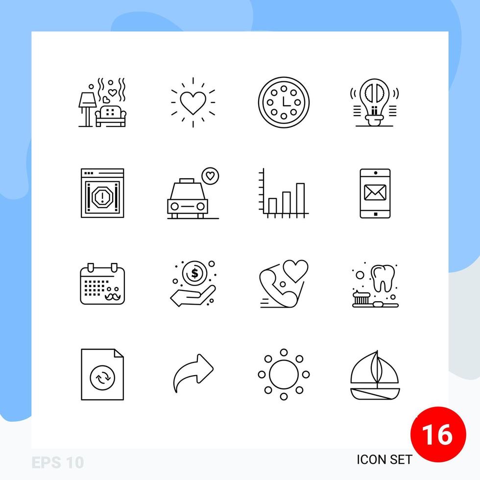 Modern Set of 16 Outlines Pictograph of alert mind achievement creative thinking brain Editable Vector Design Elements