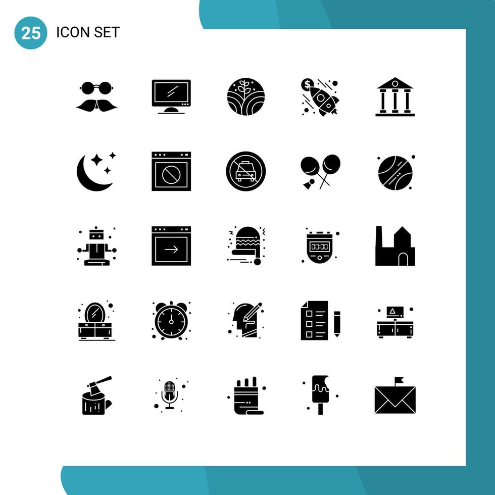 Group of 25 Solid Glyphs Signs and Symbols for banking rocket imac launch farming Editable Vector Design Elements