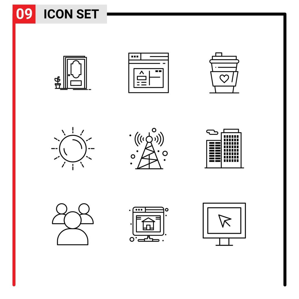 Modern Set of 9 Outlines Pictograph of communication tower sunrise glass sunset sun Editable Vector Design Elements