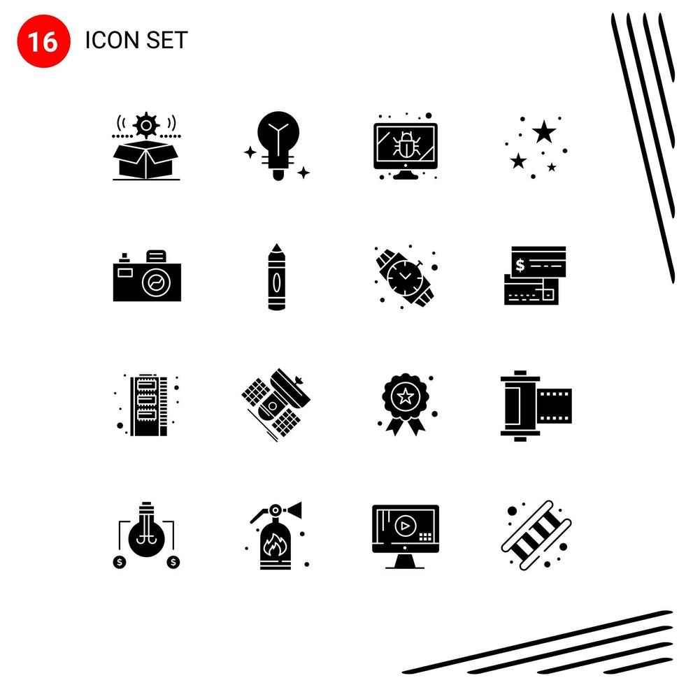 Solid Glyph Pack of 16 Universal Symbols of image stare bug celebration night Editable Vector Design Elements