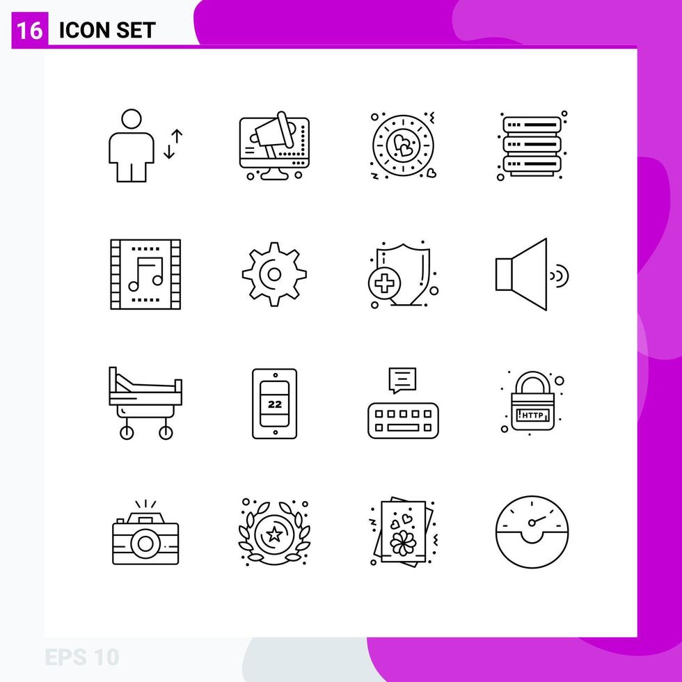 Modern Set of 16 Outlines Pictograph of concert security computer server romantic Editable Vector Design Elements