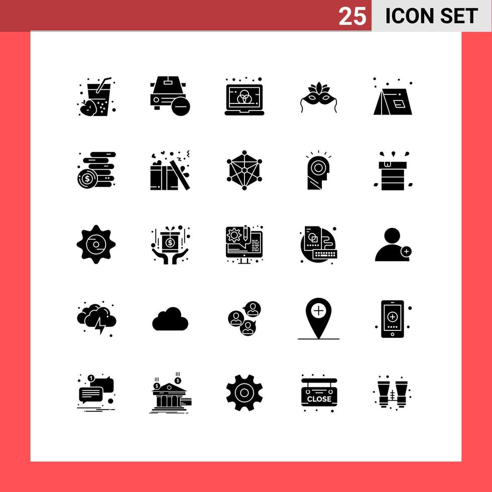 Universal Icon Symbols Group of 25 Modern Solid Glyphs of camp venetian vehicles costume screen Editable Vector Design Elements