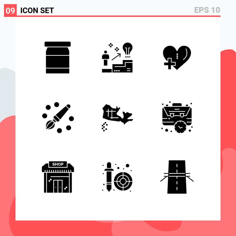 Pack of 9 Modern Solid Glyphs Signs and Symbols for Web Print Media such as map painting heart education color Editable Vector Design Elements