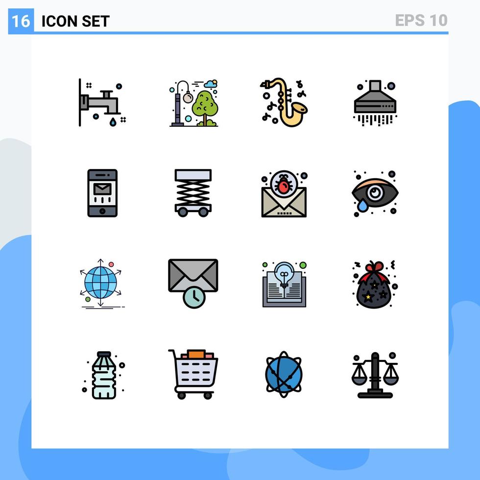 paquete de línea de vector editable de 16 líneas llenas de colores planos simples de construcción interfaz de música de correo elementos de diseño de vector creativo editable de cocina