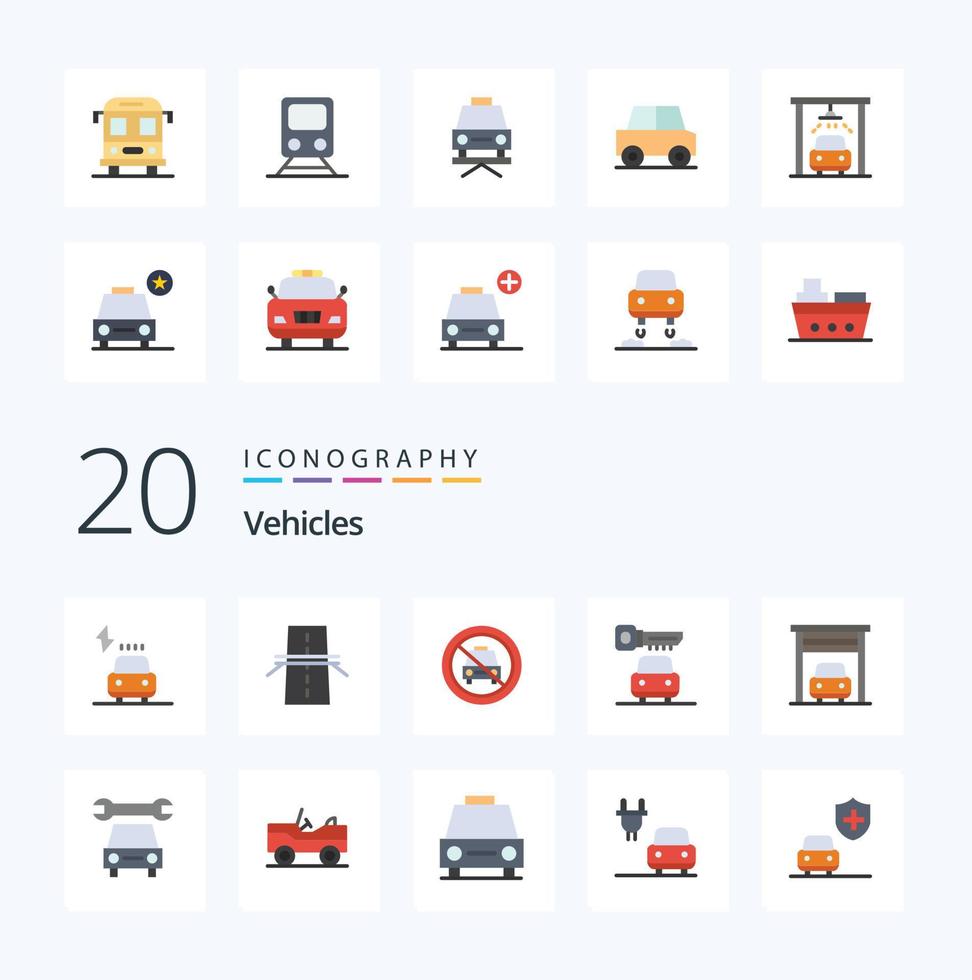 20 Vehicles Flat Color icon Pack like car key highway car off vector